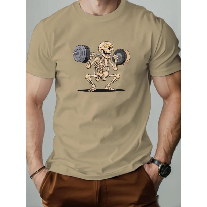 Summer Round Neck Skeleton Lifting Weights Pattern Printed Top Fashionable Casual Pure Cotton Short Sleeved Men's T-shirts