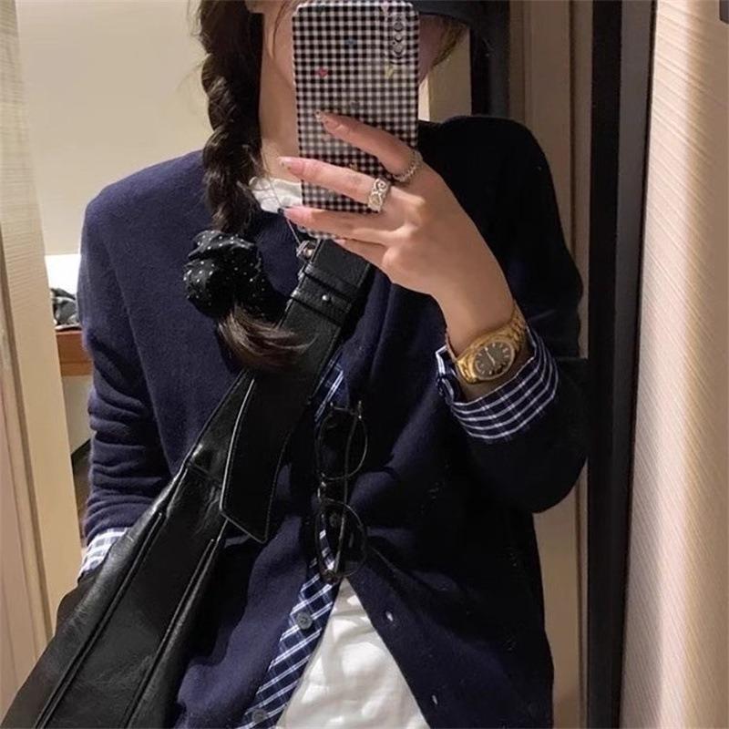 Temperament Commuter Crew Neck Single-breasted Plaid Splicing Knitted Cardigan Women's Autumn New Fashion Age-reducing Sweater