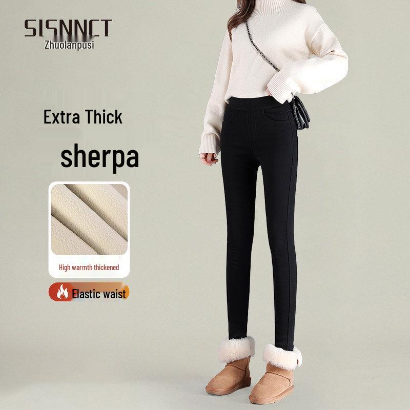 Women's Black Lambswool Leggings: Warm, Thickened Fleece-Lined, Slim Pencil Style, Ideal for Autumn/Winter 2025