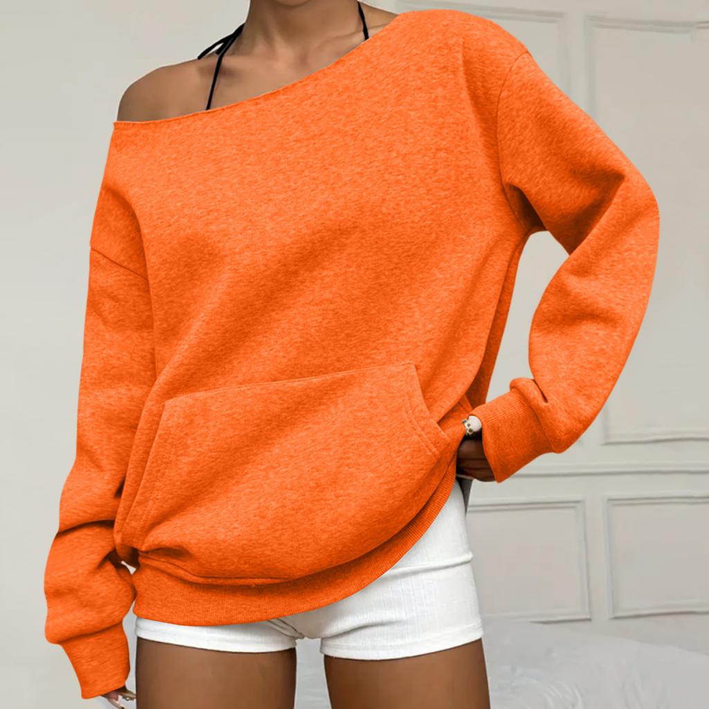 Women's Casual Fashion Solid Color Off-shoulder Long-sleeved Loose Sweatshirt With Pockets