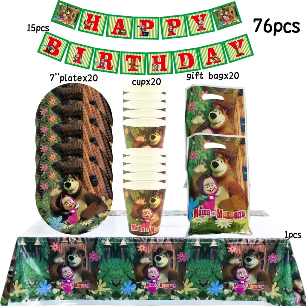 Dívka a medvěd Narozeninová sada Party dekorace Narozeninové talíře Ubrus Ubrousky Dárková taška Oslava pro miminko Party drobnosti Potřeby