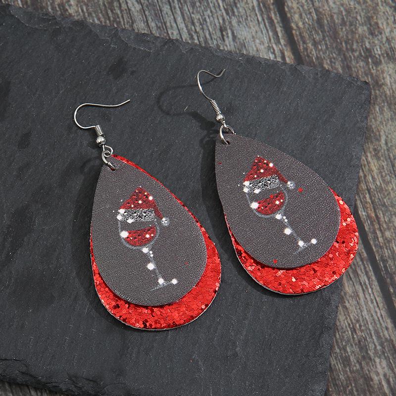 Einzigartige Weihnachts-Ohrringe in Tropfenform mit Pailletten und Leder, mit Weinglas- und Hut-Design