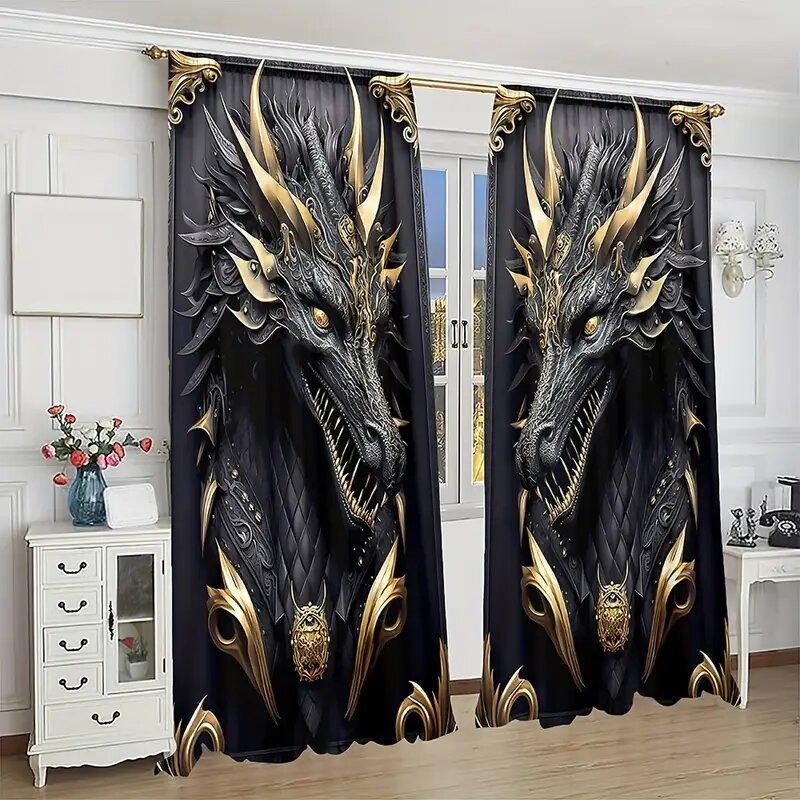 Black Gold Three Dimensional Imposing Dragon Pattern Totem Printed Curtains Home Decoration Room Made Of Polyester