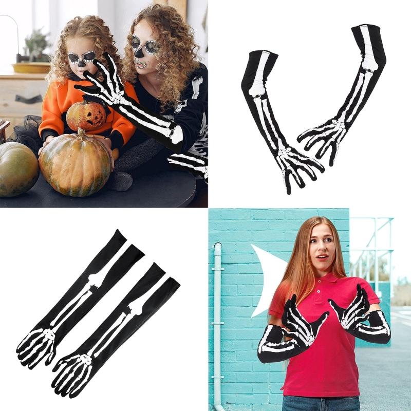 Halloween Skeleton Gloves Short Long Full Finger Bone Print Mittens Dress Party Costume Accessories for Women Men