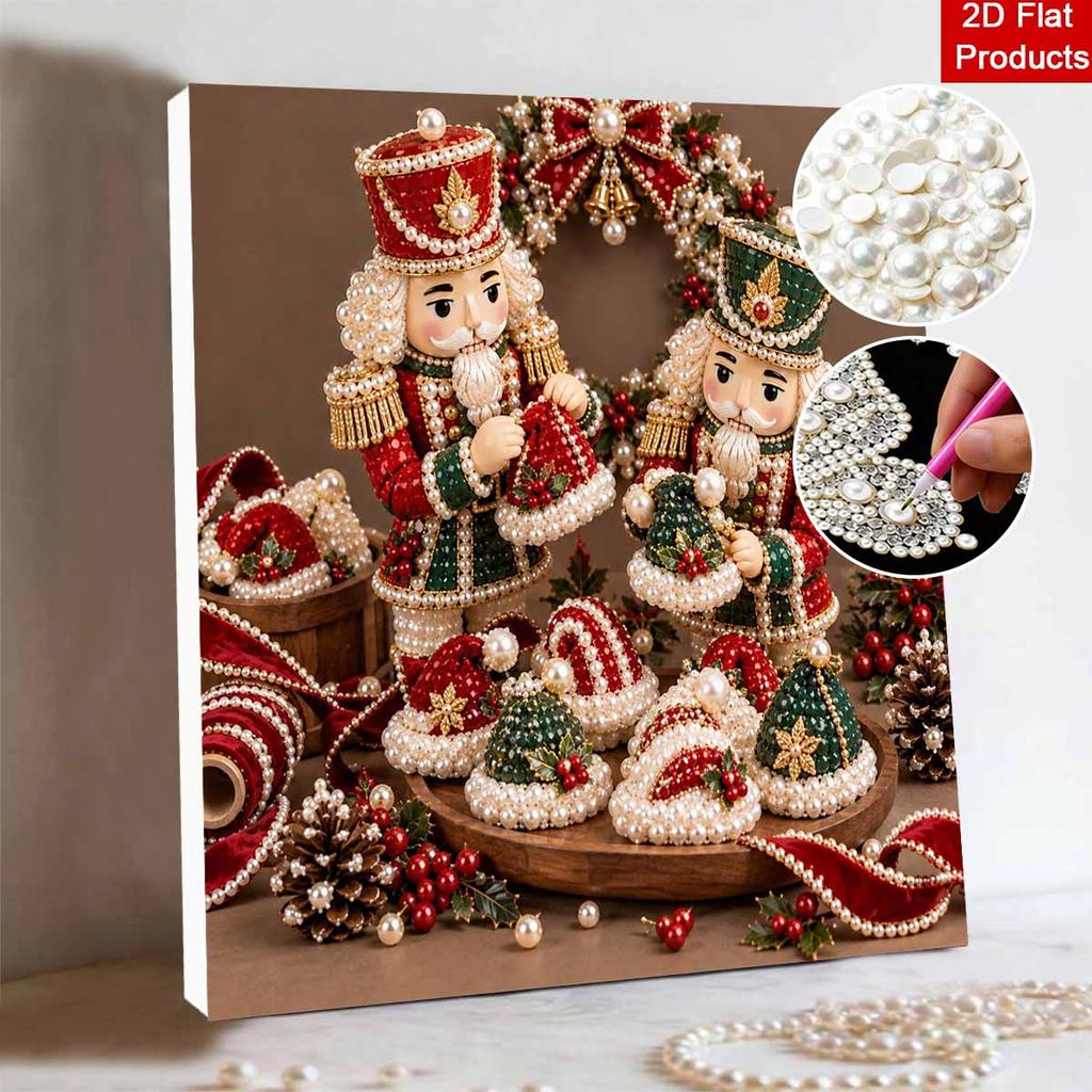 Handmade Framed Pearl Painting Set with Christmas Nutcracker Design 5D Shiny Bead Art Canvas Creative Craft for Room Decor