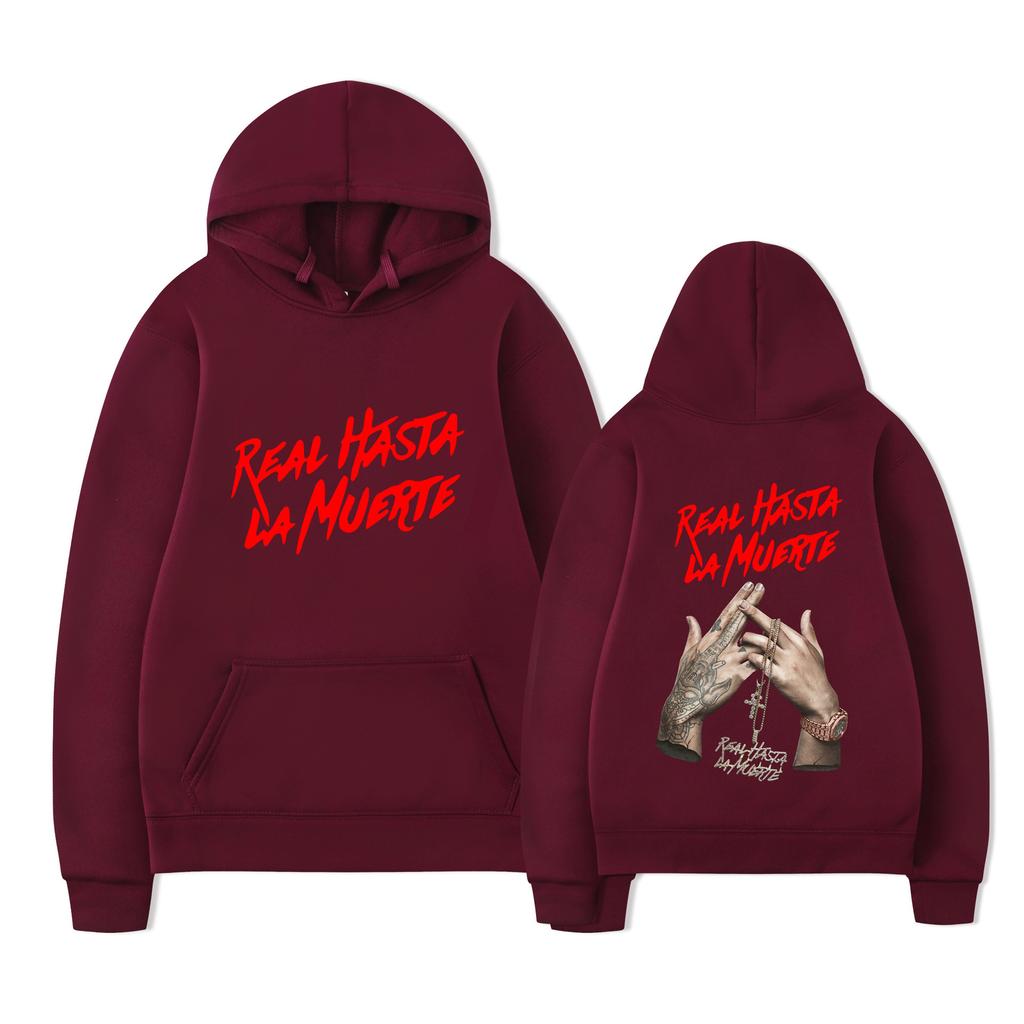 Anuel AA Hoodie Unisex Double Sided Fleece Sweatshirt, Real Hasta La Muerte Red Script & Tattooed Hands Rosary Print, Latin Trap Hip Hop Streetwear