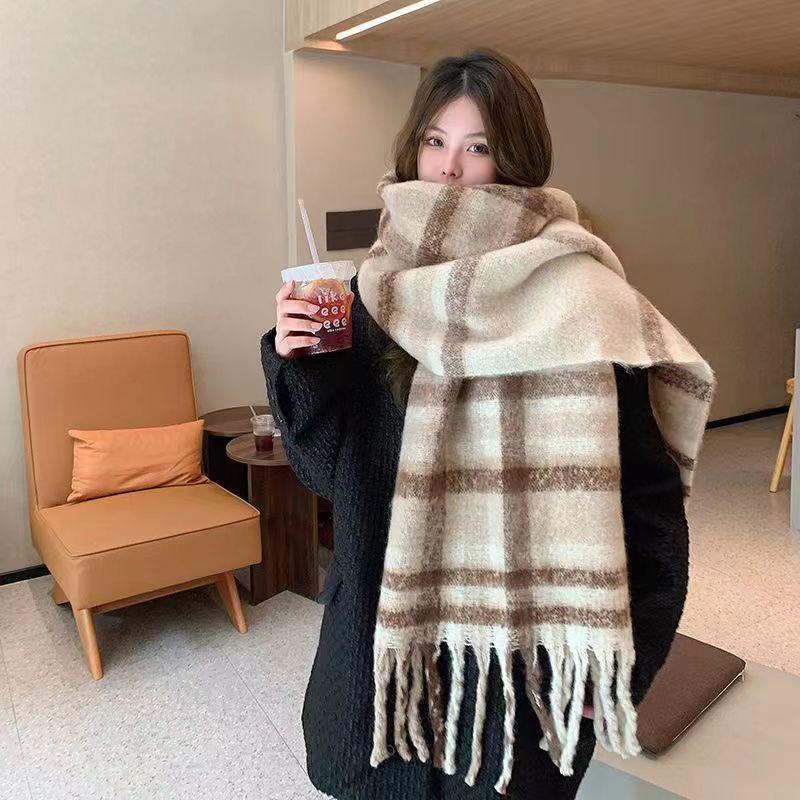 

Women s Rainbow Plaid Fringed Mohair Scarf Shawl Korean Style Autumn Winter Thickened Student Versatile Warm Neck Warmer