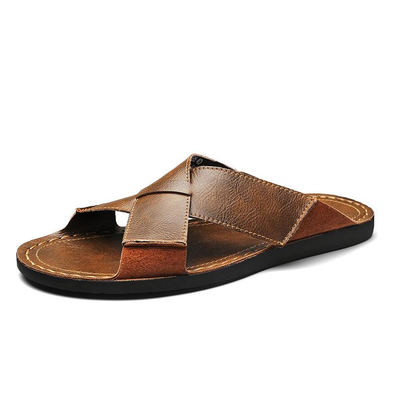 2025 Men s Leather Flip-Flops Open-Toe Casual Beach Sandals 44 коричневый