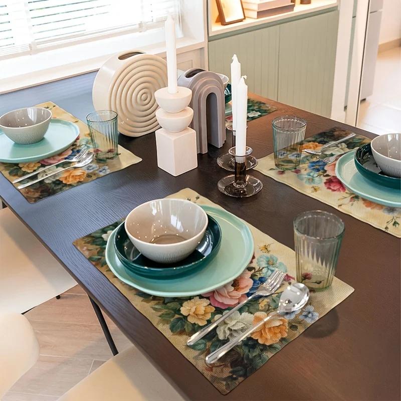 Vintage Floral Placemats, 30x45CM, Linen Knit Fabric, Hand Wash Only, Rectangular Table Mats For Farmhouse Dining
