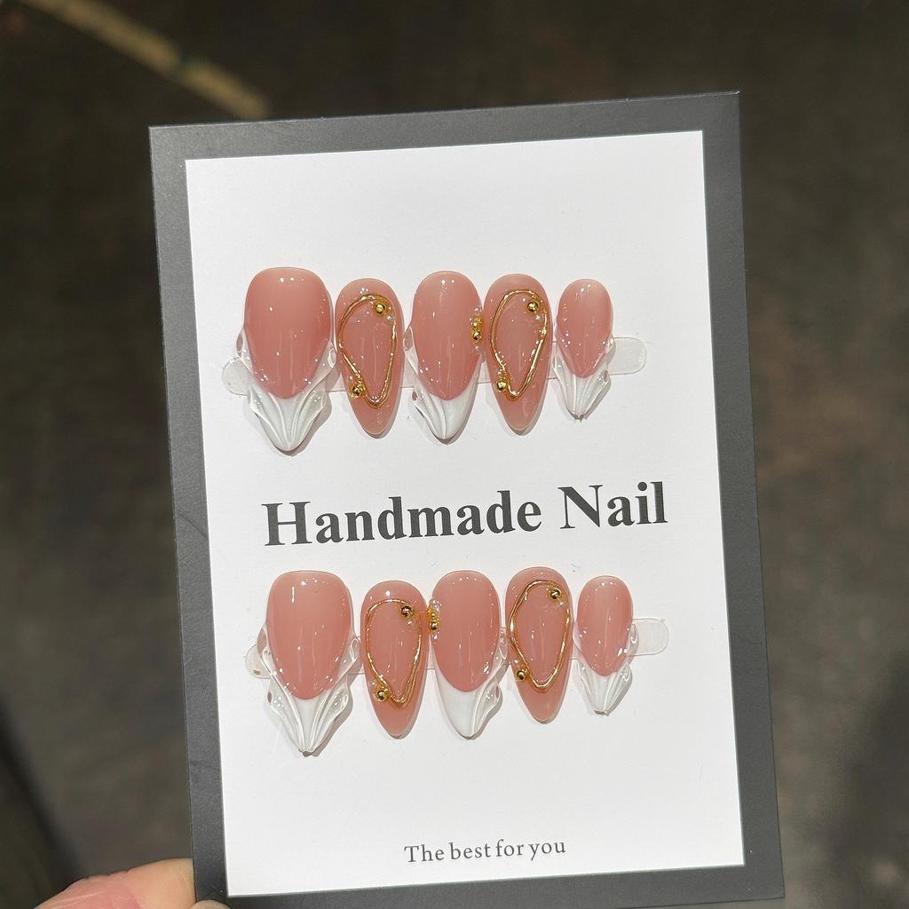 10Pcs French Almond Handmade 3D Flower Press On Nails Reusable Stick On False Nails
