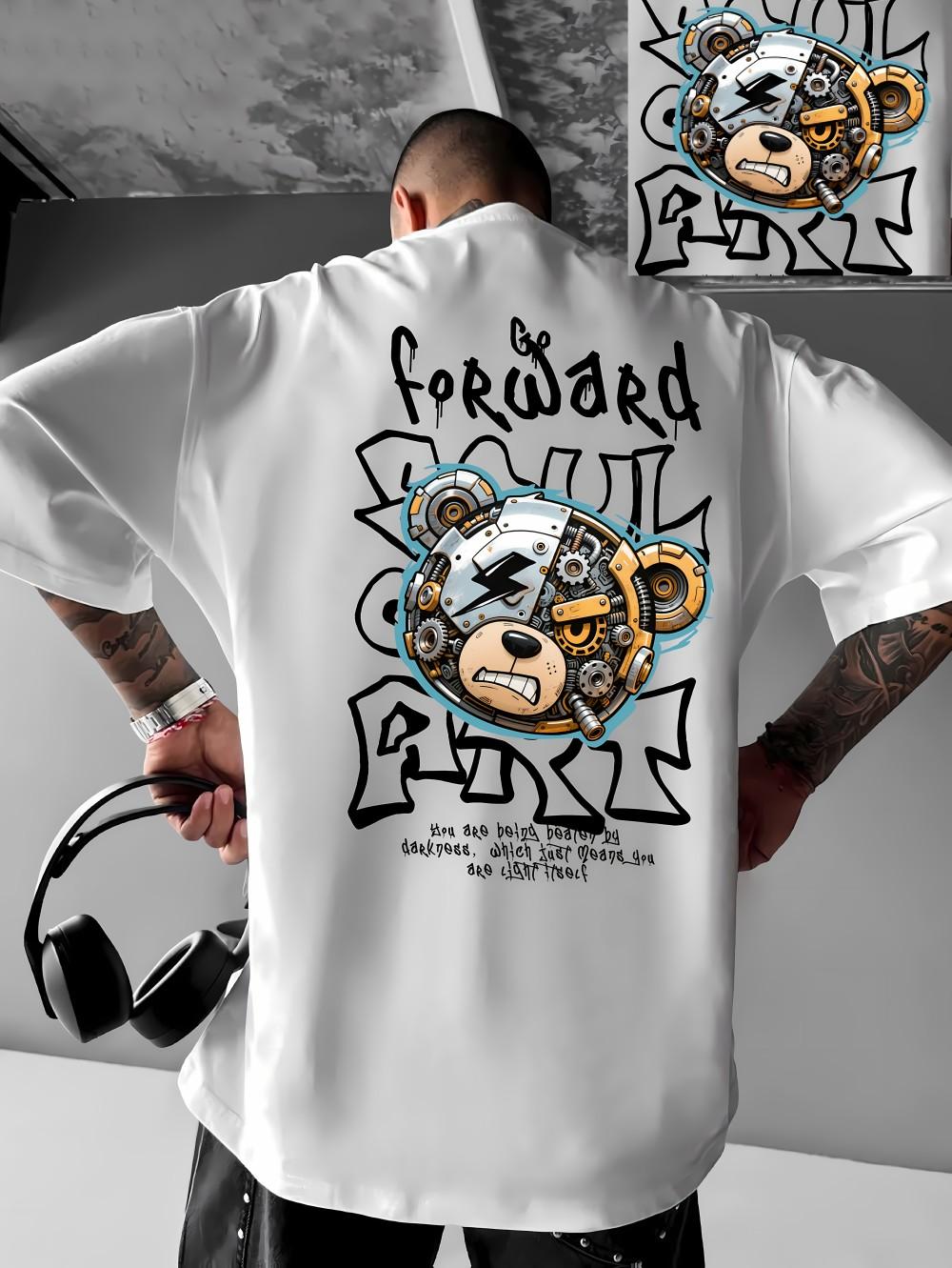 

European and American Mens Summer Mechanical Bear Print Comfortable Breathable Mens Tshirt Trendy Hiphop Style Urban Fashion S