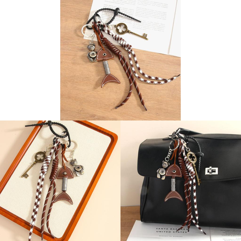 Vintage Leather Fishbone Keychain Creative Bag Charm For Unique Style Accessory
