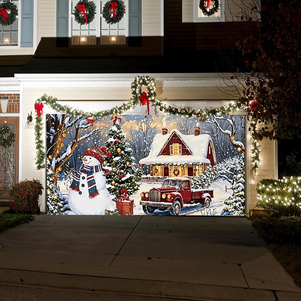 Large Christmas Garage Door Banner - Retro Snowman and Red Pickup Truck Design Suitable for Winter Holiday Decoration