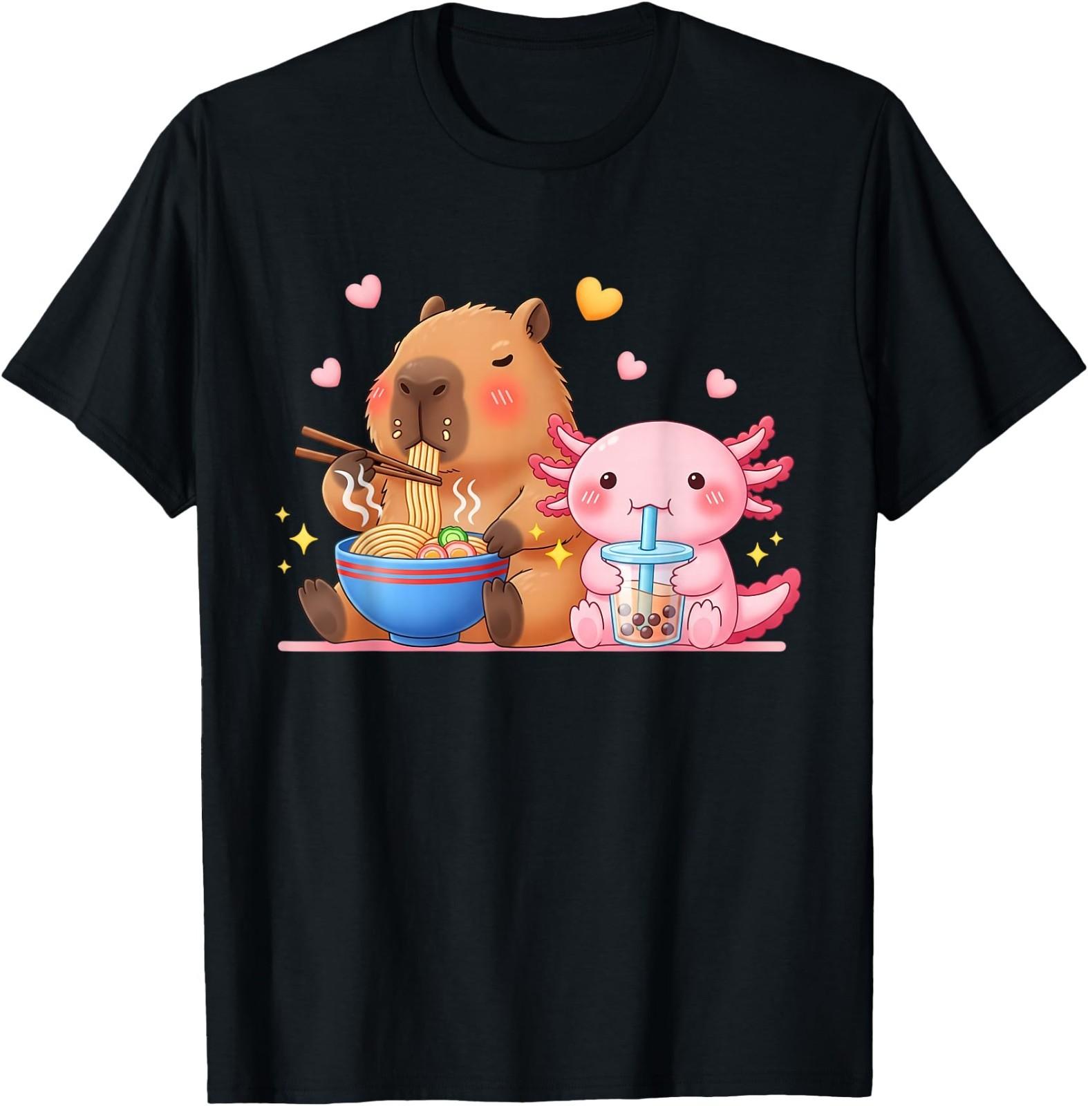 Cute Capybara Ramen and Axolotl Boba Kawaii T-Shirt XXL