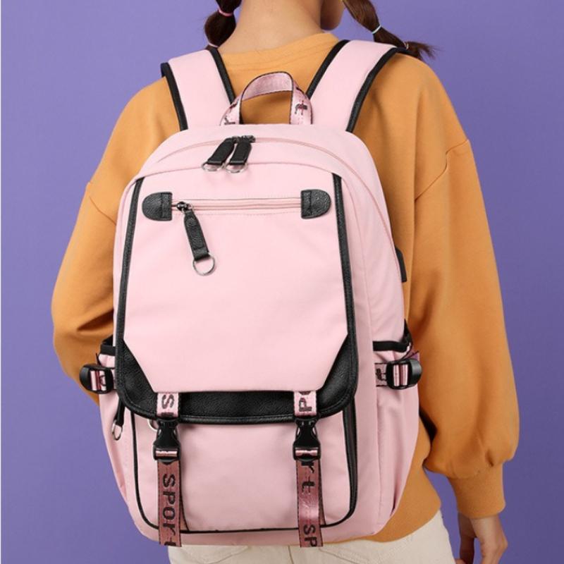 Large Capacity Korean Style Backpack with USB Port Casual Solid Color Multi-compartment Laptop Bag for Students