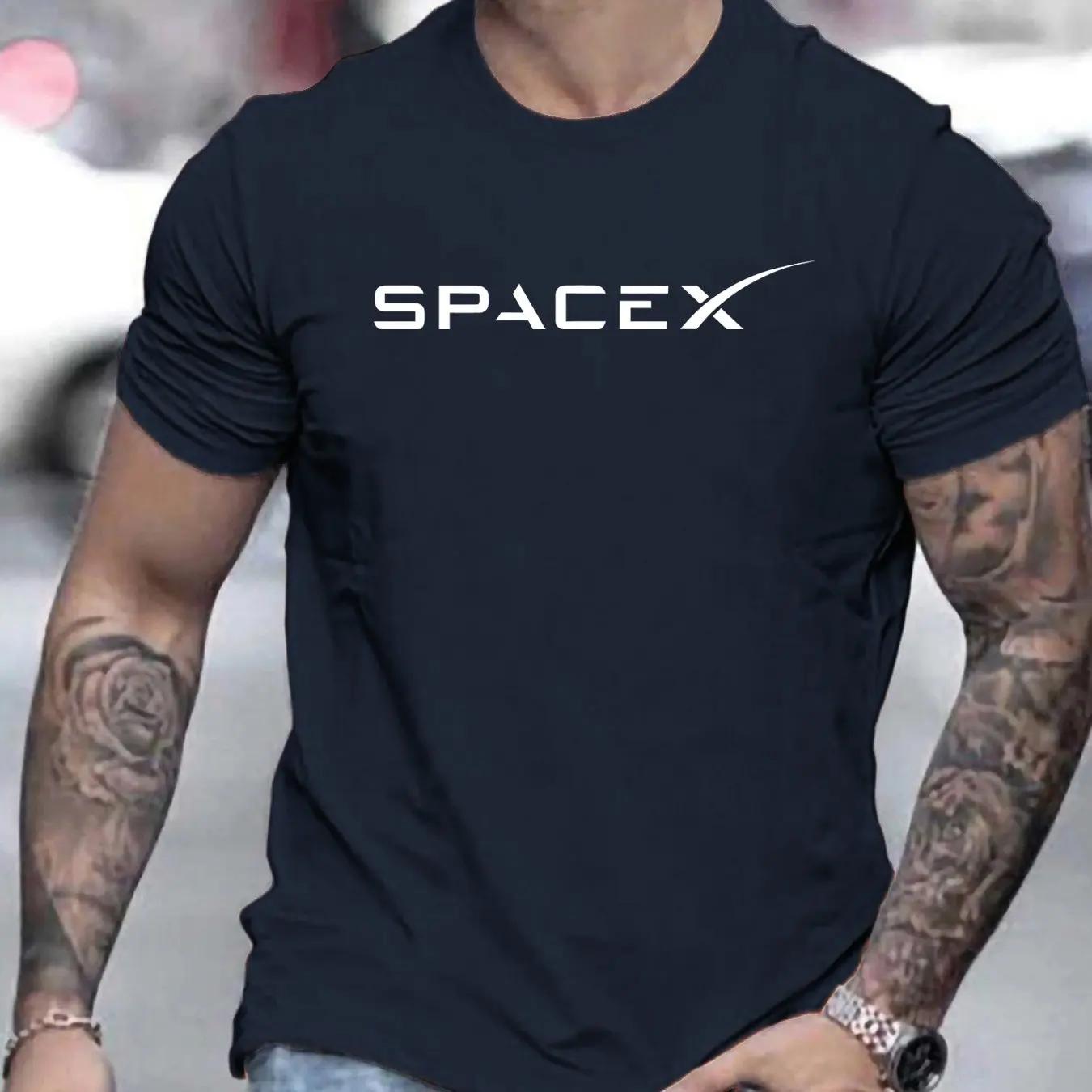 

Men s Summer Fashion Casual Loose Oversized SPACEX Letter Pattern Printed Round Neck Short Sleeved T-shirt Top M синій