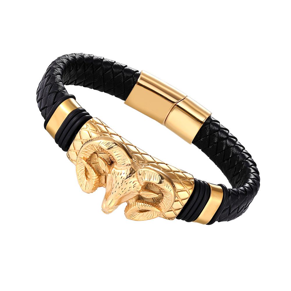 2026 European and American Men's Constellation Leather Bracelet Woven, Fashionable Titanium Steel Leather Rope Bracelet Men