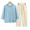 Elderly Women's Summer Cotton Linen Mid-Sleeve T-Shirt & Top Set