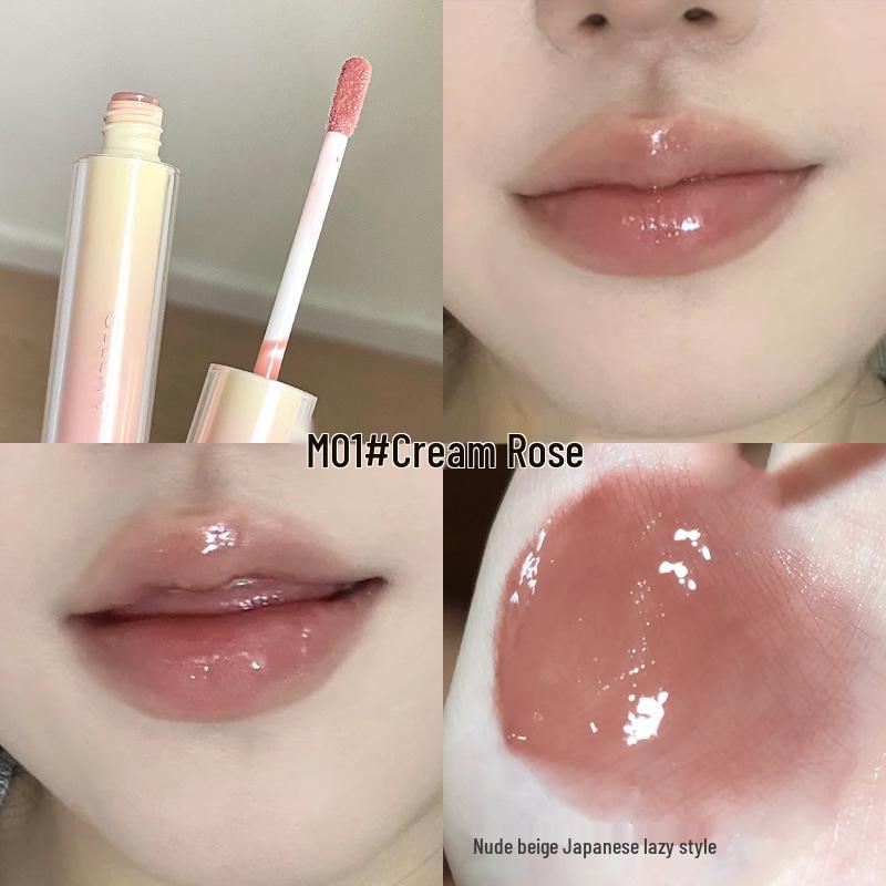Gellas Mirror Shine Lip Gloss: Watery, Translucent Finish for Brighter Skin and Plump, Glassy Lips; Available In Nude and Milk Tea Shades.