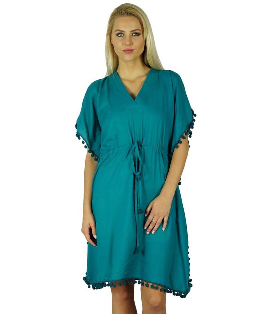 Bimba Women Cotton Kaftan With Pom Pom Tassels Short Caftan Beach Coverup