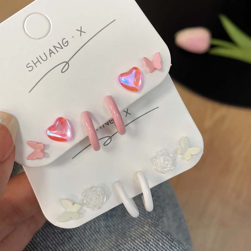 Korean Pink Heart Butterfly Flower Stud Earrings for Women Girls Sweet Cute Mini Small Circle Piercing Earrings Set Jewelry