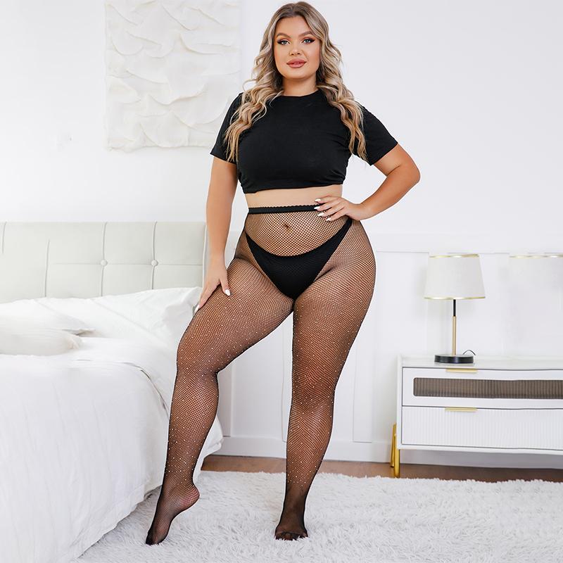 Plus Size Fishnet Stockings Women Summer Breathable Mesh Fish Net Leggings High Waist Elastic Rhinestone Tights Socks For 90Kg