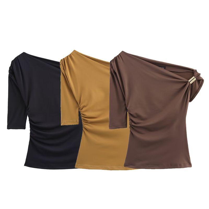 Zbzr Summer New Arrival Women's Metal Buckle Elegant Silm Nylon Asymmetric Minimalist Tops 1026164