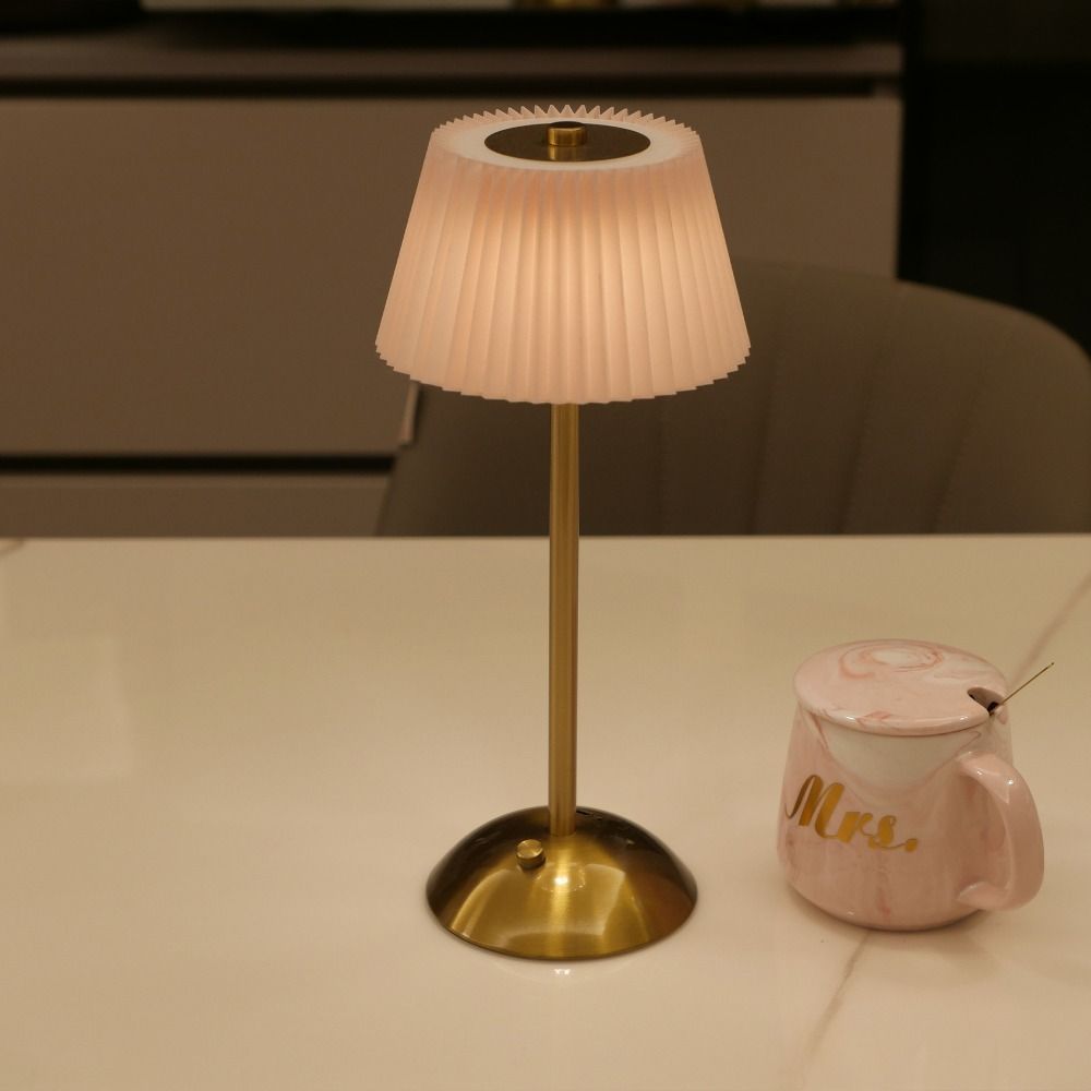 3 Color Lights Small Pleated Table Lamp Touch Control Fabric Shade Desk Ambient Light USB Rechargeable Soft Lights