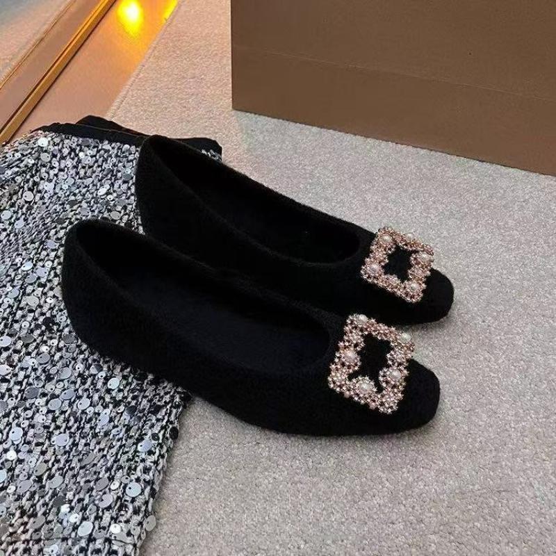 

2026 New Winter Women s Ballet Flats Lambswool Boat Shoes for Woman Faux Suede Slip on Rhinestone Warm Cotton-Padded Shoes 35 чёрный