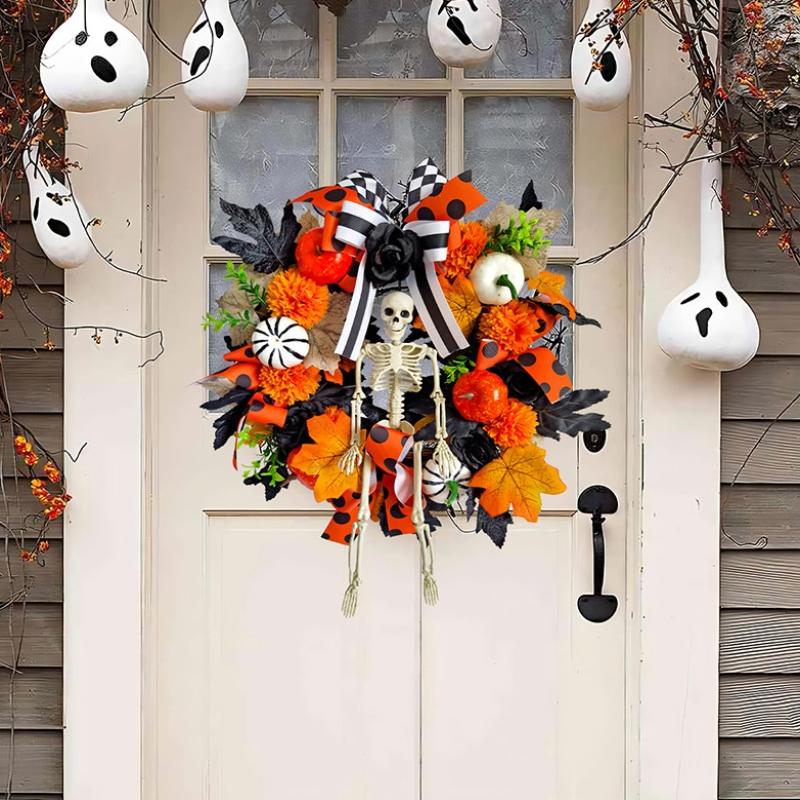 Halloween Skull Wreath Gothic Garland Creepy Decor Pendant For Front Door,Porch,Window, Indoor Outdoor Home Halloween Decor