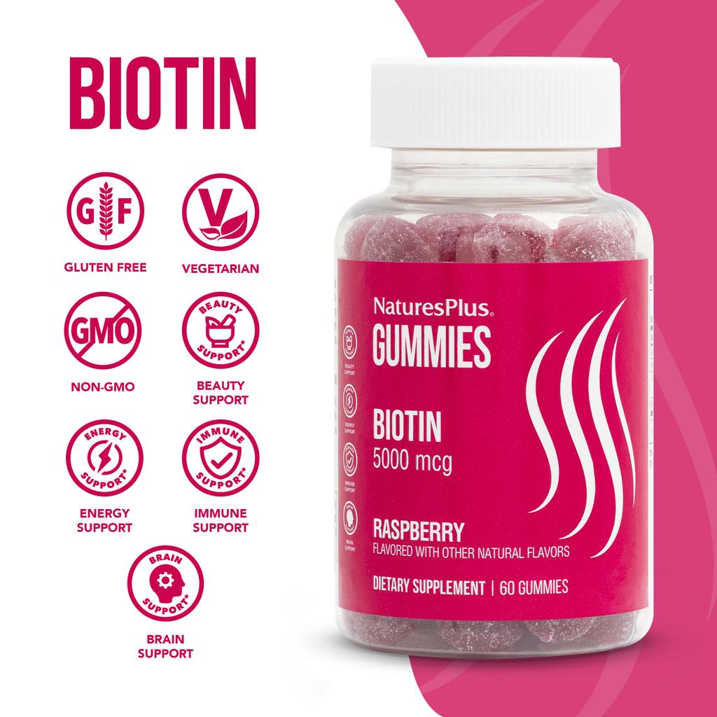 NaturesPlus Biotin Gummies, Raspberry, 5,000 Mcg, 60 Gummies