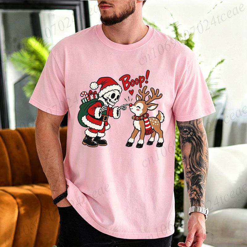 Cotton T-Shirt Christmas Skeleton Santa Reindeer Graphic Tshirt, Reindeer Boop Retro Holiday Humor Tees,Xmas Holiday Family Matching Party Tops