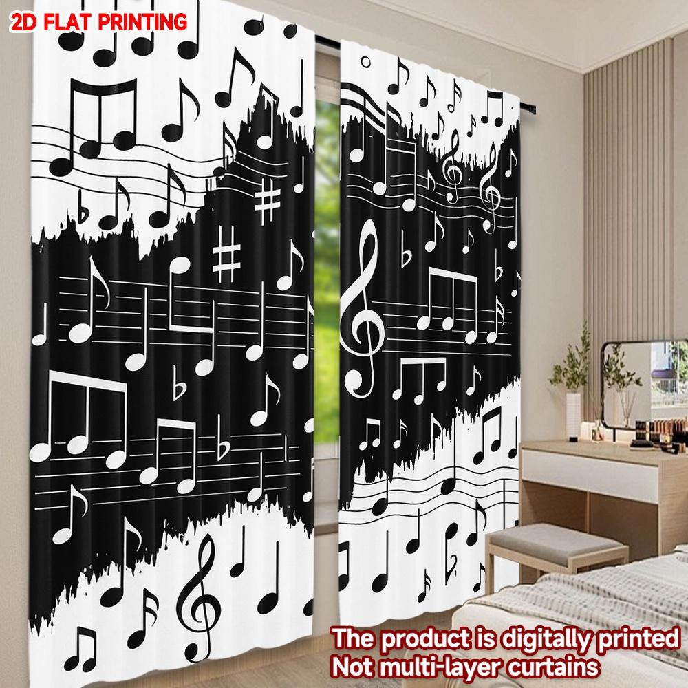 2D Flat Printing 2pcs Scene Curtains Musical Notes Symphony Digital Printed Polyester Drapes Family Party Decoration for Indoor