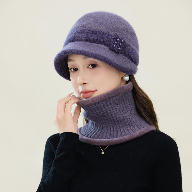 Autumn and Winter Middle Aged and Elderly Hats for Women  Pearl Ribbon and Velvet Rabbit Hair Equestrian Hat  Cold Proof and Warm Knitted Scarf Set