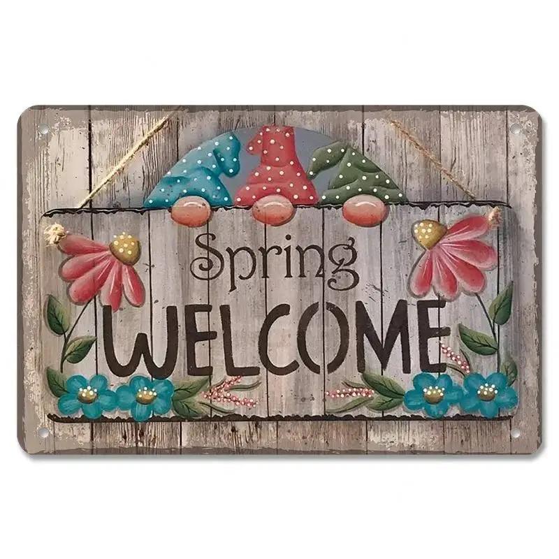 D Flat Metal Sign Vintage Welcome Garden Tin Sign Set Rustic Home Decor Butterfly Flower Watering Can Wall Art