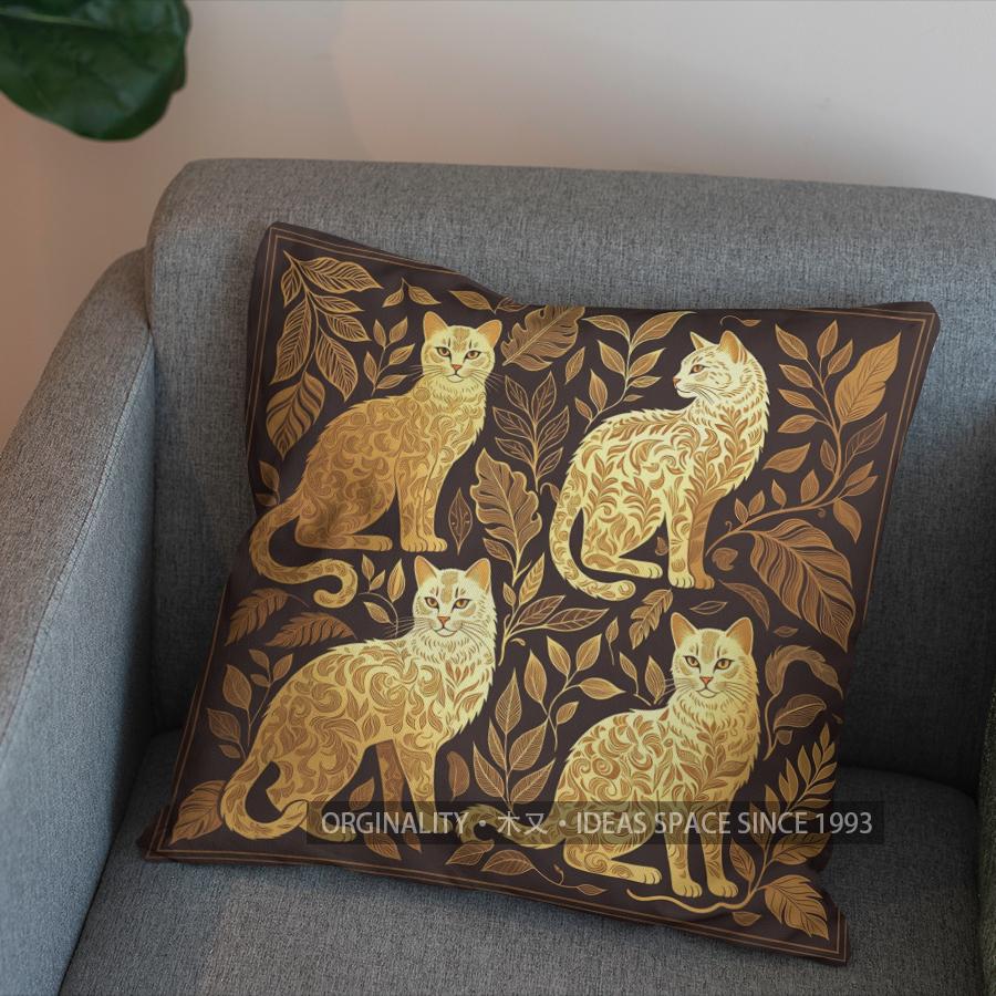 2D Golden Cats Among Green Leaves Pillow Cover Pattern Cushion Cover Suitable For Sofa Bedroom Car Pillow Cover
