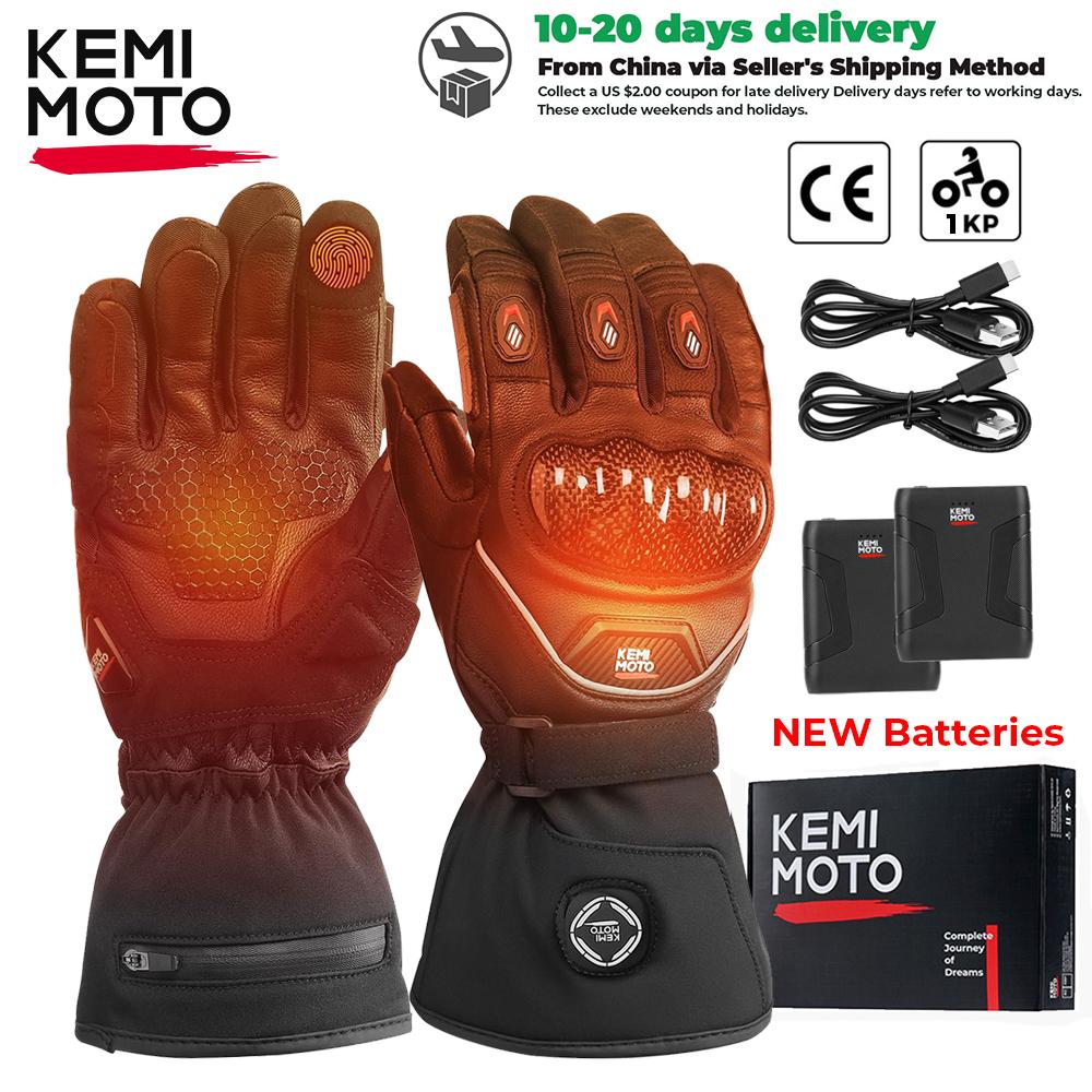 KEMIMOTO Leather Heated Motorcycle Gloves Winter Waterproof Touch Screen Moto Ski Camping Heated Gloves Battery Motorbike