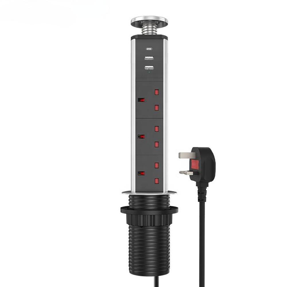 3 Outlet Pop Up Pull USB TYPE-C Tabletop UK Plug for Home Hidden Smart Table Power Socket