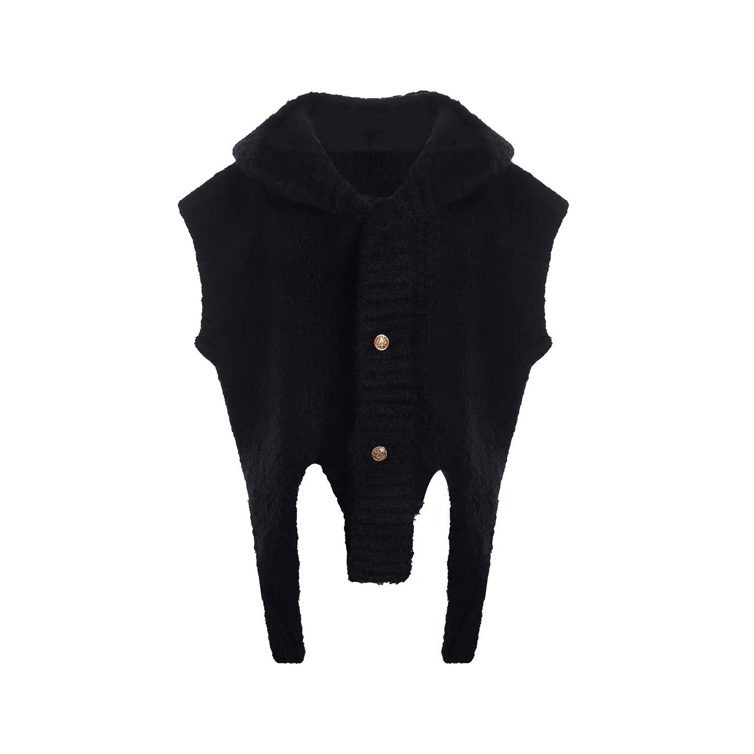 

Irregular Design Fake Two Piece Ripped Hole Vintage Sweater Vest Man Autumn Winter Gothic Punk Button Up Hooded Knit Vest M чёрный
