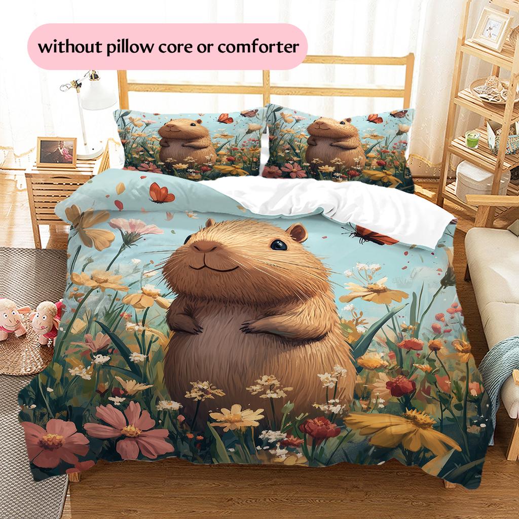 Capybara und Grasland Muster Bettwäsche Heimdekoration Geburtstagsgeschenk (1 Bettbezug + 2 Kissenbezüge, ohne Füllung)