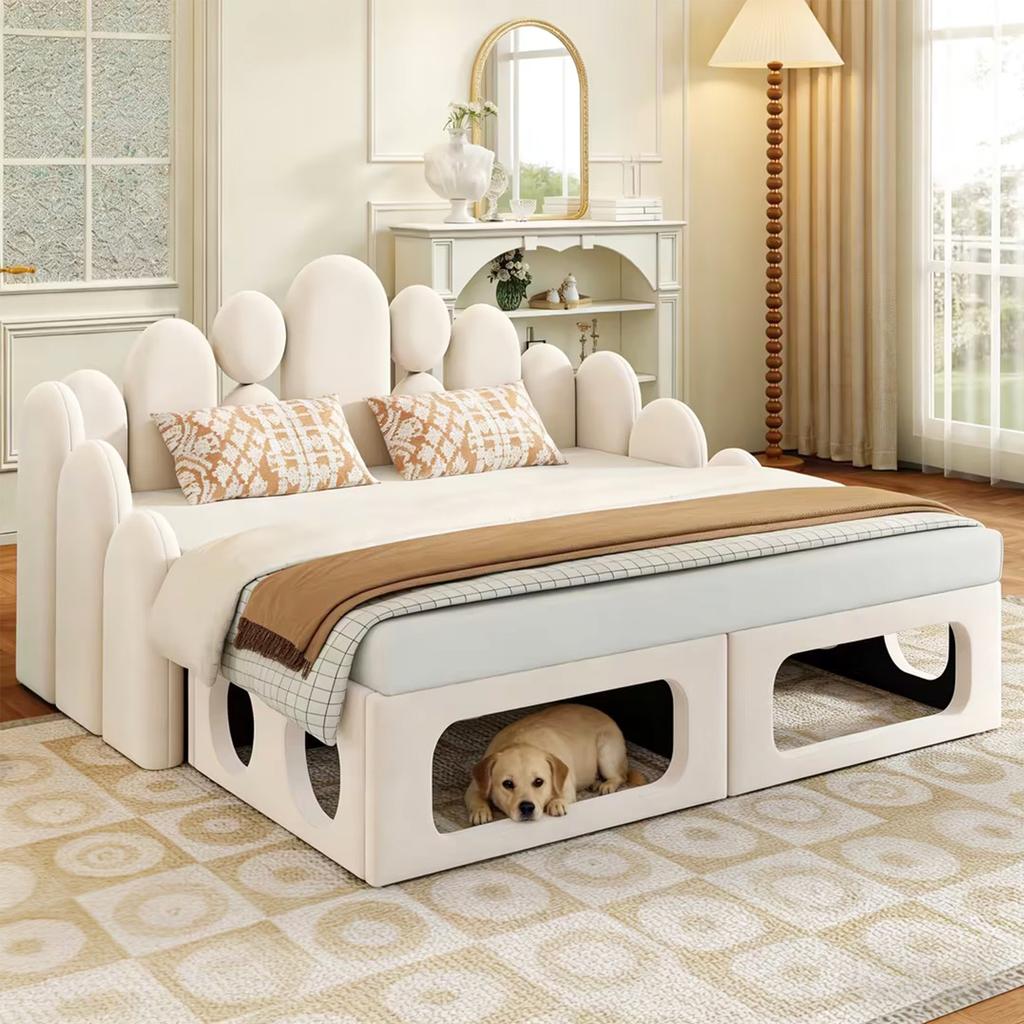 Divano letto imbottito con cuccia per animali domestici, Letto multifunzionale imbottito 2 in 1 180*200 cm, con morbido tessuto in velluto, Struttura a doghe e schienale, Beige.