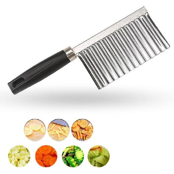 Crinkle Cutter Knife Stainless Steel Cutting Tool for Potato Carrot Chip Vegetable French Fry, Wavy Chopper Wave Slicer Steel Blade, Kids Lunch Black Handle