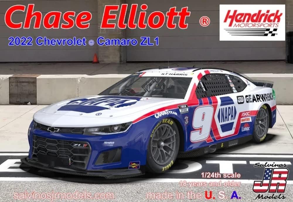 Salvinos J.R. Model 1/24 Scale NASCAR 2022 Camaro ZL1 Hendrick Motorsports Chase Elliott Patriot Color Plastic Model Kit SJMHMC2022CEC