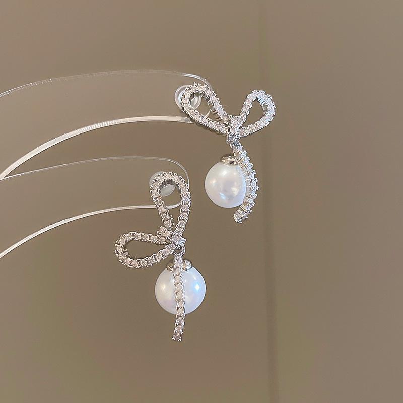 Silver Needle Zircon Pearl Tassel Earrings - Elegant Retro Design for Women