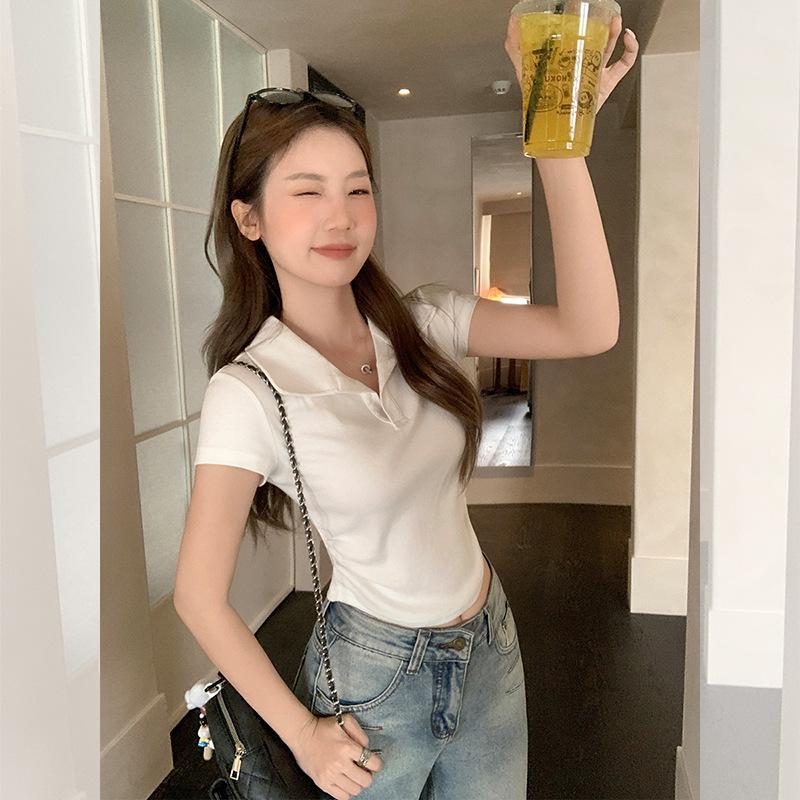 Korean Unique Polo Lapel Design Front Shoulder Short-sleeved T-shirt Women's New Early Summer Wear Shows Temperament Small Top