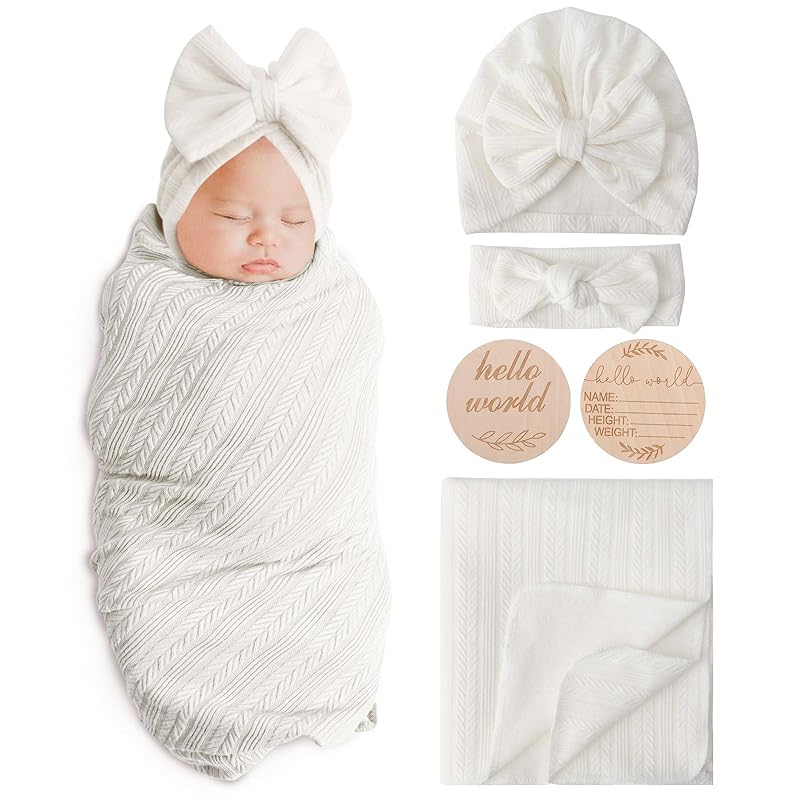 Newborn Receiving Blanket with Bow Hat Mittens Wooden Card Set Wheat-Pattern Newborns Toddler Baby Boy Girl Nursery Swaddle Wrap
