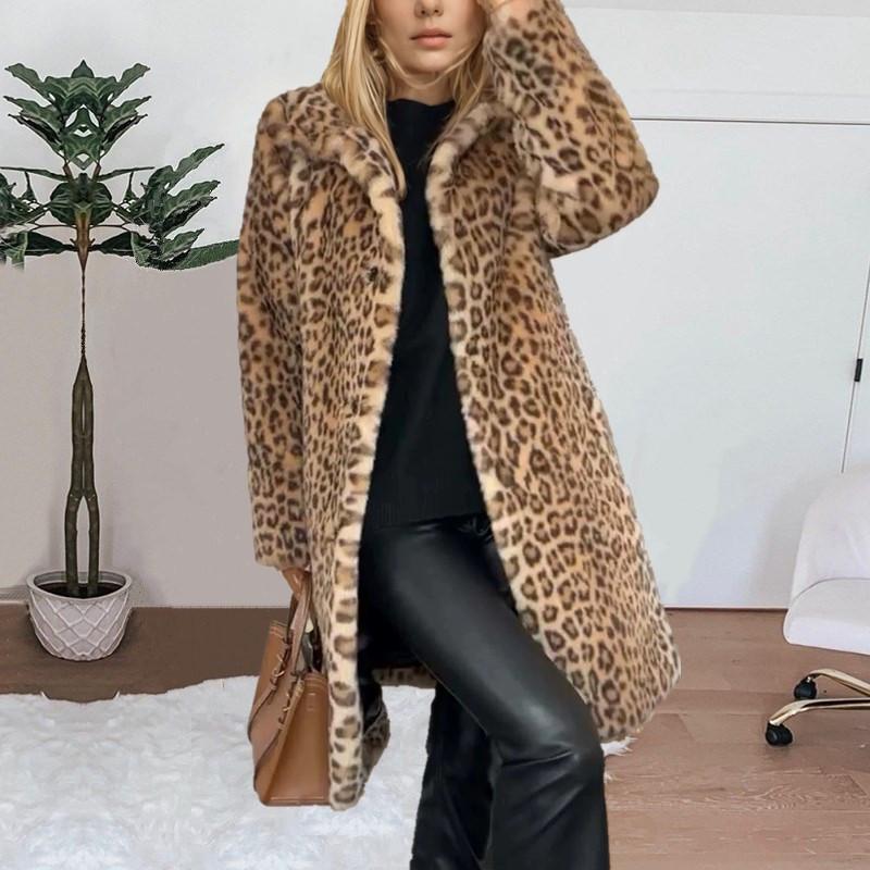 Damen S Kunstpelz Leo-Print Mittellanger Dicke Mantel