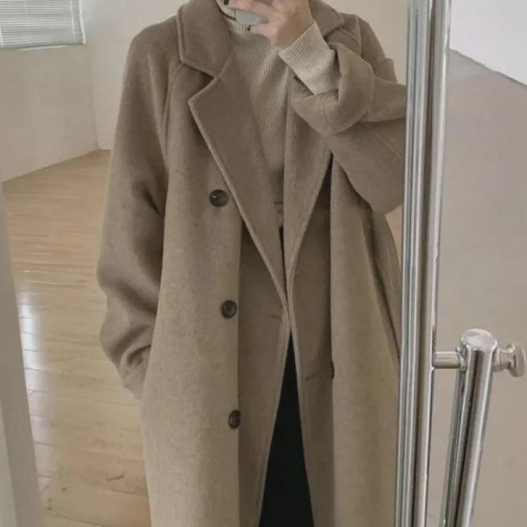 Women's Woolen Coat Mid Length Hepburn Style Autumn Winter Loose Thickened Small Size 2024
