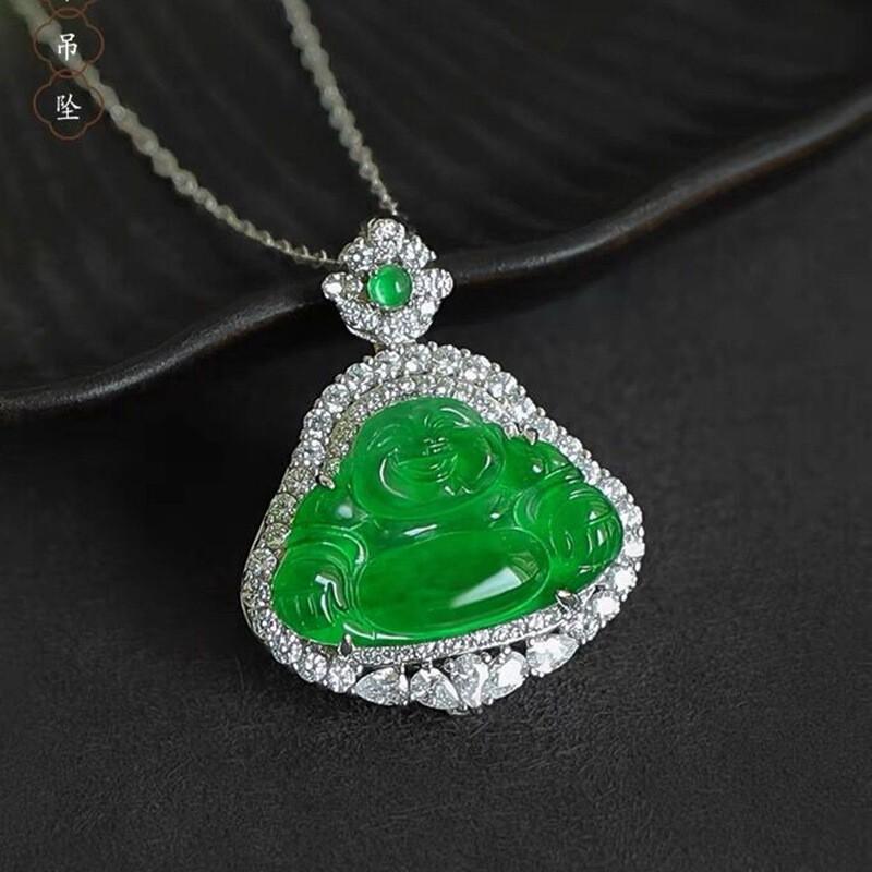Natural Guatemalan Jade Carved Maitreya Buddha Pendant Necklace With Sterling Setting Small Jade Buddha Pendant with Certification