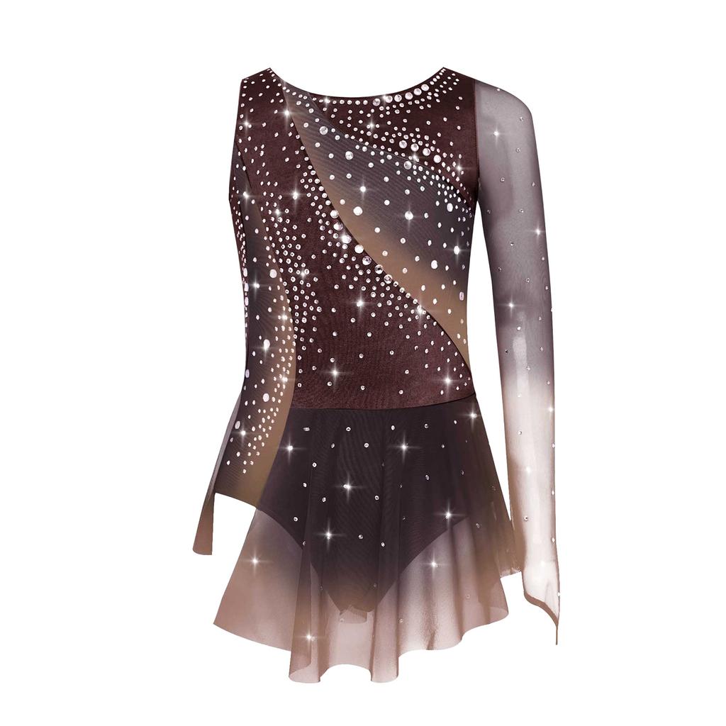 Girls Modern Lyrical Dance Dress High-Low Tulle Split Rhinestone Ballet Gymnastics Leotards Figure Skating Performance Costume